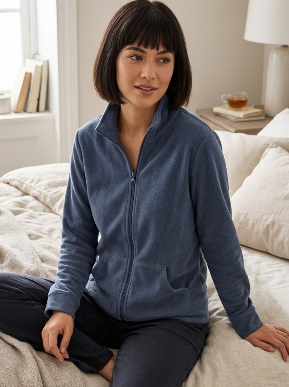 Jasmine Rose Soft Fleece Full Zip Gray Loungewear Cardigan Jacket, Size M